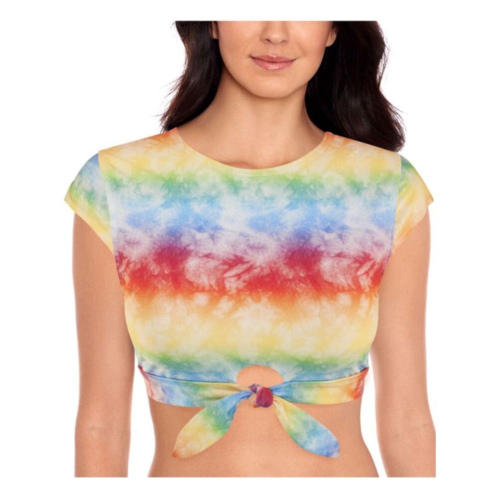 SALT + COVE Women's Multi Color Removable Cups Crewneck Tie Swimsuit Crop Top XS